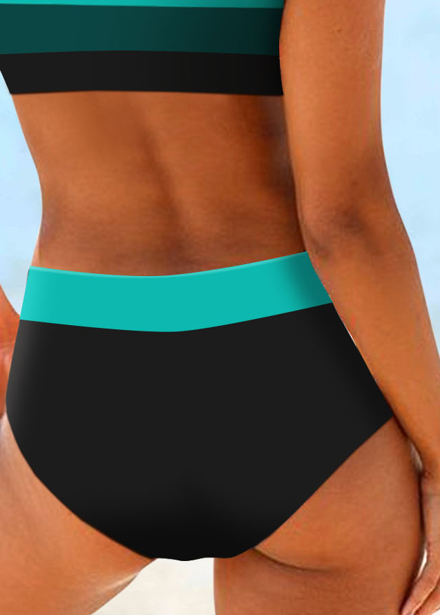 Striped Patchwork Wide Strap Cyan Bikini Set