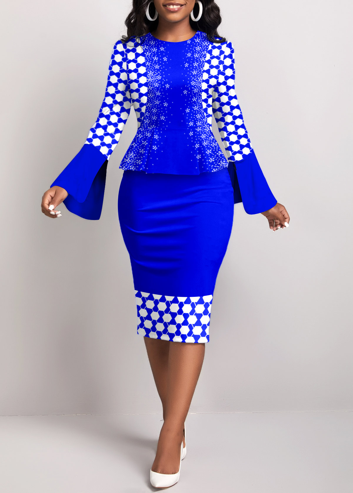 Geometric Print Fake 2in1 Royal Blue Bodycon Dress