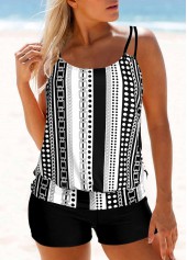 White Geometric Print Double Straps Tankini Set