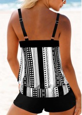White Geometric Print Double Straps Tankini Set