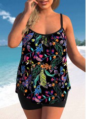 Leaf Print Plus Size Black Tankini Set
