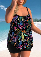 Leaf Print Plus Size Black Tankini Set