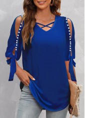 Dark Blue Pearl Design Cold Shoulder T Shirt