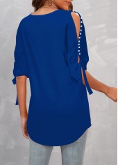 Dark Blue Pearl Design Cold Shoulder T Shirt