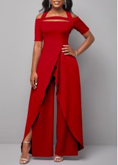 Plus Size Red Cold Shoulder Short Sleeve Jumpsuit
