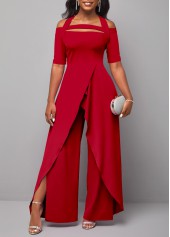 Plus Size Red Cold Shoulder Short Sleeve Jumpsuit