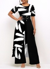 Graffiti Print Black Belted Asymmetric Hem Jumpsuit