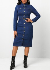 Pocket Belted Dark Blue Shirt Collar Bodycon Dress