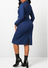 Pocket Belted Dark Blue Shirt Collar Bodycon Dress
