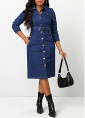 Pocket Belted Dark Blue Shirt Collar Bodycon Dress