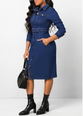 Pocket Belted Dark Blue Shirt Collar Bodycon Dress