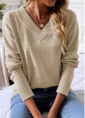 Long Sleeve Light Camel V Neck Sweater
