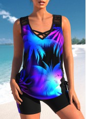 High Waisted Tropical Plants Print Lace Tankini Set