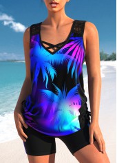 High Waisted Tropical Plants Print Lace Tankini Set