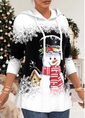 Plus Size Black Christmas Snowman Print Drawstring Hoodie