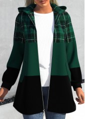 Plus Size Plaid Patchwork Blackish Green Hooded Long Sleeve Jacket