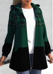 Plus Size Plaid Patchwork Blackish Green Hooded Long Sleeve Jacket
