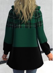 Plus Size Plaid Patchwork Blackish Green Hooded Long Sleeve Jacket