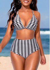 Geometric Print Black Mid Waisted Bikini Set