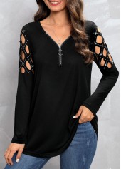 Zipper V Neck Black Cold Shoulder T Shirt