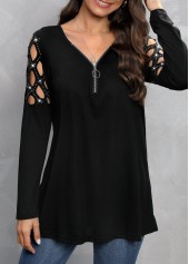 Zipper V Neck Black Cold Shoulder T Shirt