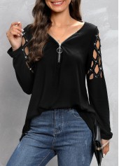 Zipper V Neck Black Cold Shoulder T Shirt