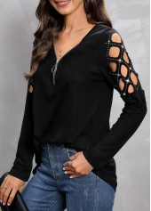 Zipper V Neck Black Cold Shoulder T Shirt