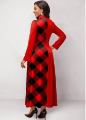 Plaid Patchwork Red Stand Collar Maxi Dress
