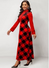 Plaid Patchwork Red Stand Collar Maxi Dress