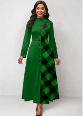 Plaid Patchwork Green Stand Collar Maxi Dress