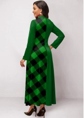 Plaid Patchwork Green Stand Collar Maxi Dress