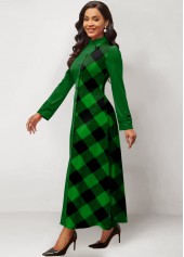 Plaid Patchwork Green Stand Collar Maxi Dress