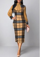 Plaid Patchwork Light Camel Stand Collar Bodycon Dress