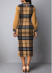Plaid Patchwork Light Camel Stand Collar Bodycon Dress