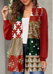 Christmas Geometric Print Long Sleeve Red Cardigan