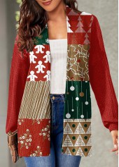 Christmas Geometric Print Long Sleeve Red Cardigan