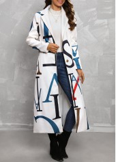 Letter Print Pocket White Lapel Long Sleeve Coat