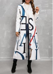 Letter Print Pocket White Lapel Long Sleeve Coat