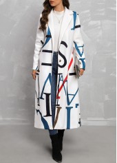 Letter Print Pocket White Lapel Long Sleeve Coat