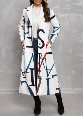 Letter Print Pocket White Lapel Long Sleeve Coat