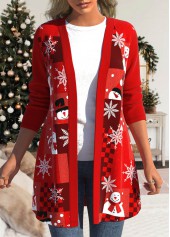 Christmas Snowman Print Long Sleeve Red Patchwork Coat