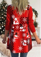 Christmas Snowman Print Long Sleeve Red Patchwork Coat