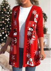 Christmas Snowman Print Long Sleeve Red Patchwork Coat