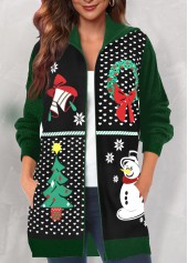 Christmas Print Pocket Green Hooded Long Sleeve Coat