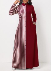 Pocket Wine Red Striped Maxi Dress