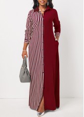 Pocket Wine Red Striped Maxi Dress