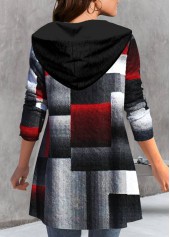 Geometric Print Zipper Black Hooded Long Sleeve Coat