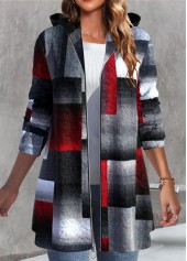 Geometric Print Zipper Black Hooded Long Sleeve Coat