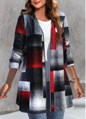 Geometric Print Zipper Black Hooded Long Sleeve Coat