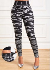 Camouflage Print Grey Elastic Waist High Waisted Leggings